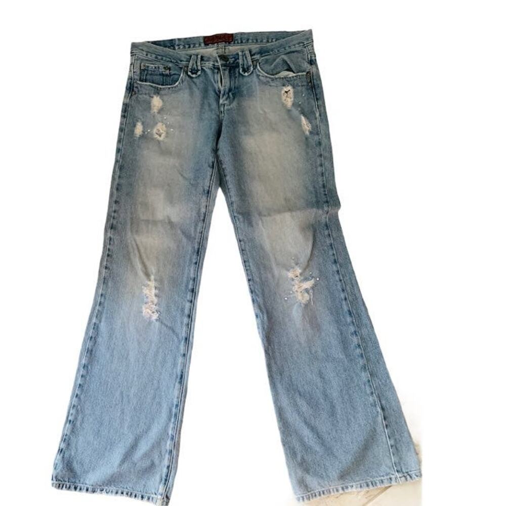 HOT KISS Women's Size 11 Distressed Jeans Low Rise Blue Denim Studded Gems
